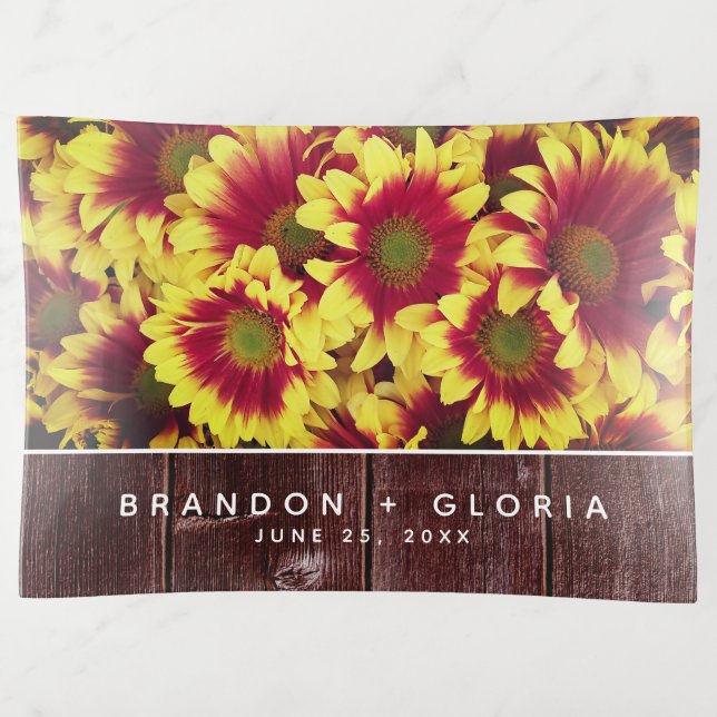 Rustic Autumn Sunflowers on Fence Wedding Trinket Tray (Front)