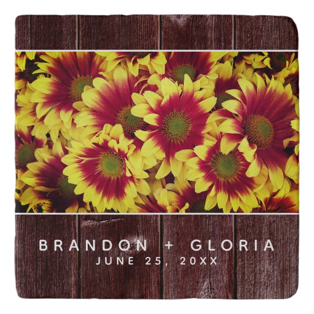 Rustic Autumn Sunflowers on Fence Wedding Trivet (Front)
