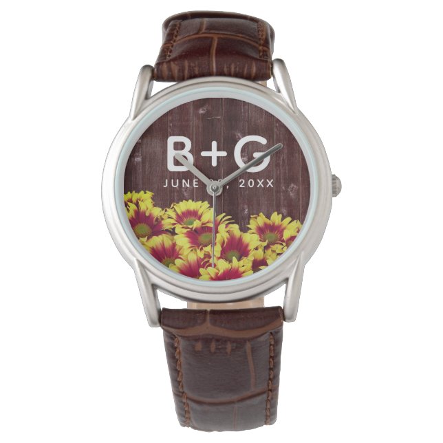 Rustic Autumn Sunflowers on Fence Wedding Watch (Front)