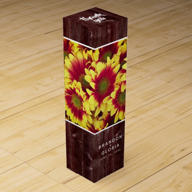 Rustic Autumn Sunflowers on Fence Wedding Wine Box (Front)