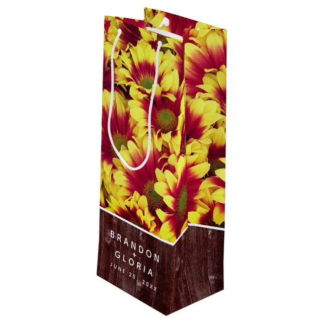 Rustic Autumn Sunflowers on Fence Wedding Wine Gift Bag (Back Angled)