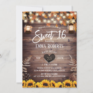 Rustic Autumn Sunflowers Vintage Lantern Sweet 16 Invitation