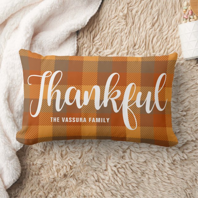 Rustic Autumn Tartan Plaid Pattern Script Thankful Lumbar Pillow (Blanket)