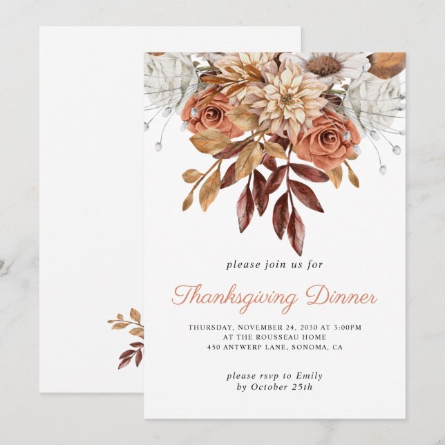 Rustic Autumn Terracotta Floral Thanksgiving  Invitation (Front/Back)