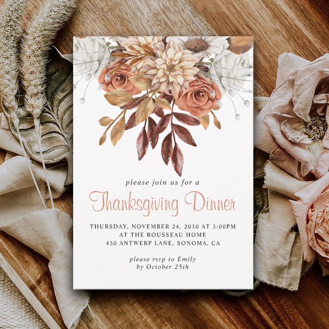 Rustic Autumn Terracotta Floral Thanksgiving  Invitation (Creator Uploaded)