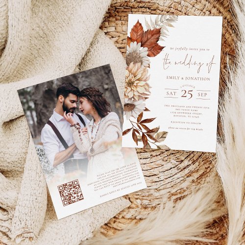 Rustic Autumn Terracotta Florals QR Code Wedding Invitation