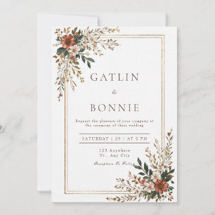Rustic Autumn Terracotta Gold Floral Wedding Invitation