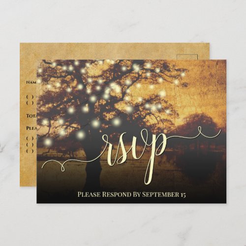 Rustic Autumn Tree  Lights Parchment Wedding RSVP Postcard