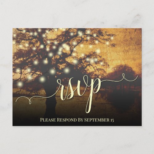 Rustic Autumn Tree  Lights Parchment Wedding RSVP Postcard