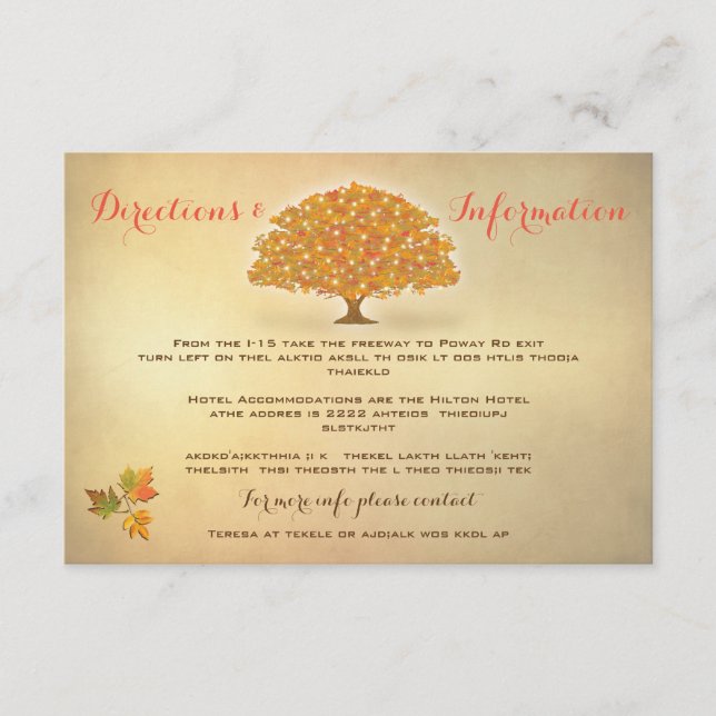 Rustic Autumn Tree lights Wedding info cards (Front)