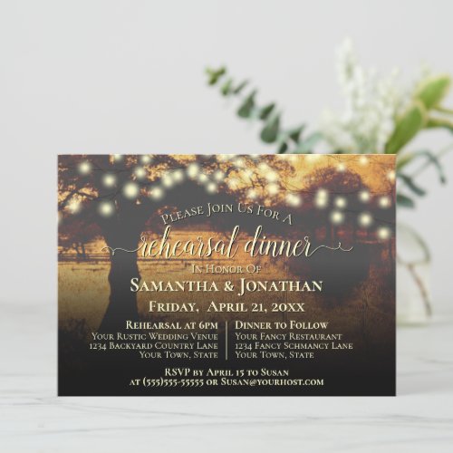 Rustic Autumn Tree Lights Wedding Rehearsal Dinner Invitation