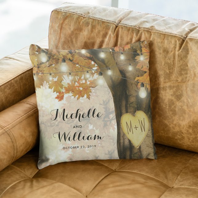 Rustic Autumn Tree Monogram Newlywed Couple Throw Pillow (Creator Uploaded)