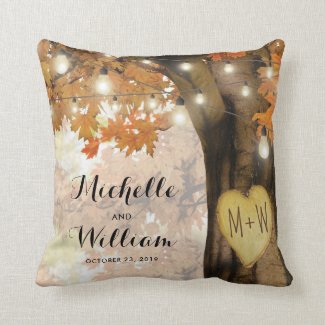 Rustic Autumn Tree Monogram Newlywed Couple Throw Pillow