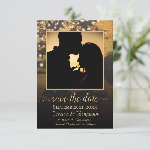 Rustic Autumn Tree with Lights Photo Wedding Save The Date