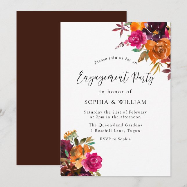 Rustic Autumn Watercolor Floral Engagement Party Invitation (Front/Back)