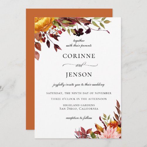 Rustic Autumn Watercolor Floral Foliage Wedding Invitation