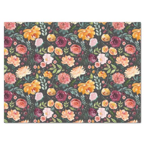 Rustic Autumn Watercolor Floral on Charcoal Grey Tissue Paper