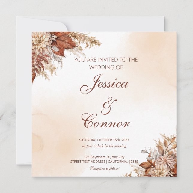 Rustic Autumn Watercolor Floral Wedding Invitation (Front)
