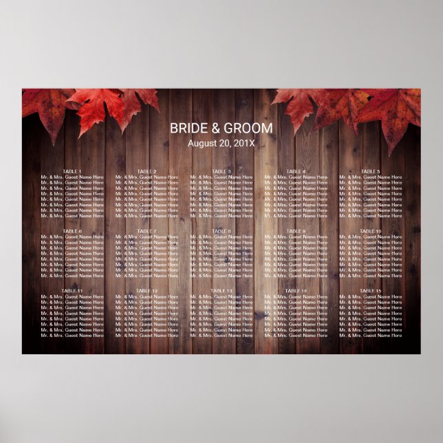 Rustic Autumn Wedding 15 Tables Seating Chart (Front)