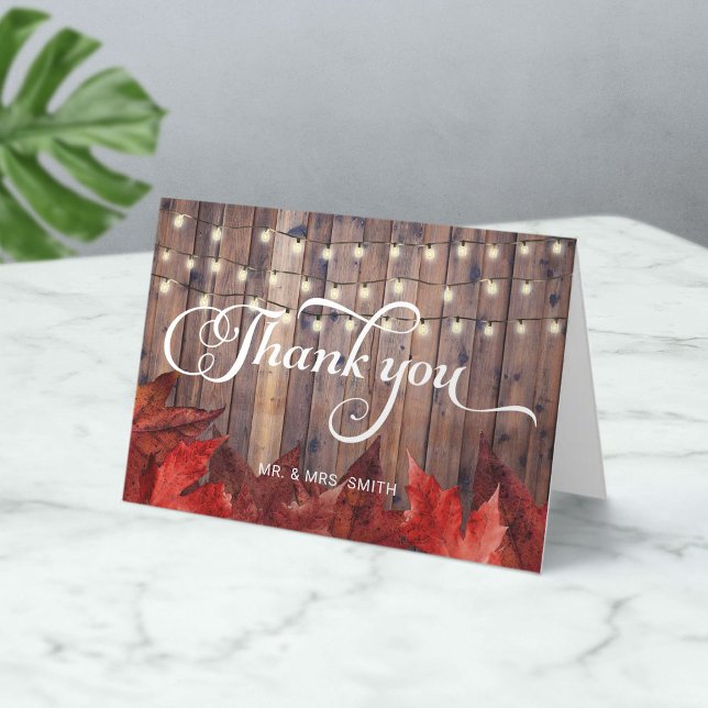 Rustic Autumn Wedding Red Leaves & String Lights Letterpress Thank You Card (Creator Uploaded)