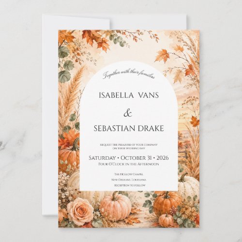 Rustic Autumn Wedding with Pumpkins & Boho Florals Invitation