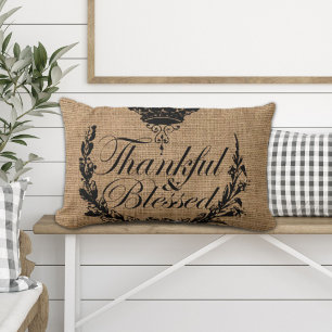 rustic autumn western country burlap be thankful lumbar pillow