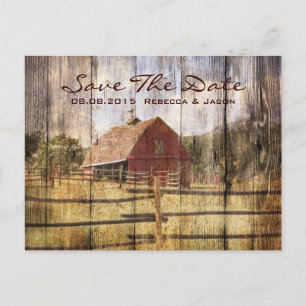 rustic autumn western country red barn wedding announcement postcard