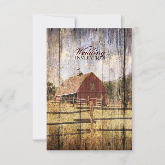 rustic autumn western country red barn wedding invitation (Front)