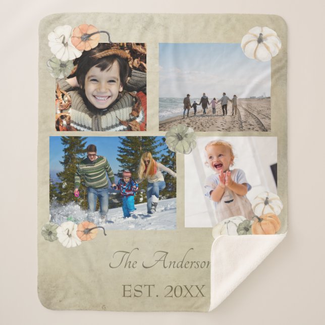 Rustic Autumn White, Orange Pumpkins Personalized Sherpa Blanket (Front)