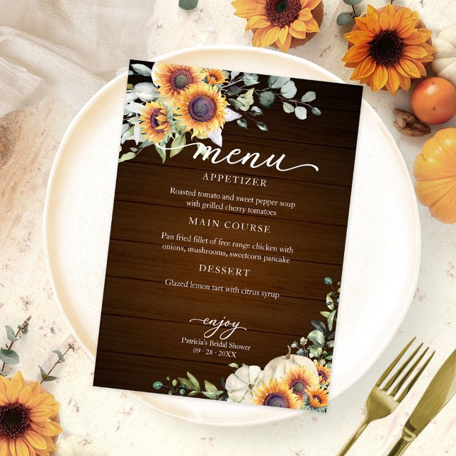 Rustic Autumn White Pumpkin Sunflower Wedding Menu Invitation (Creator Uploaded)