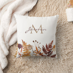 Rustic Autumn Wildflower Monogram Name Decorative Throw Pillow