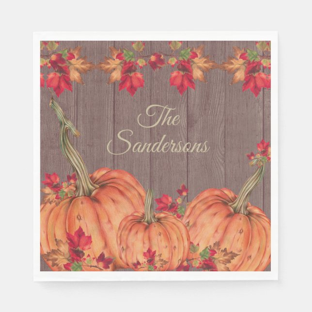 Rustic Autumn Wood Orange Pumpkins Fall Leaves  Napkins (Front)