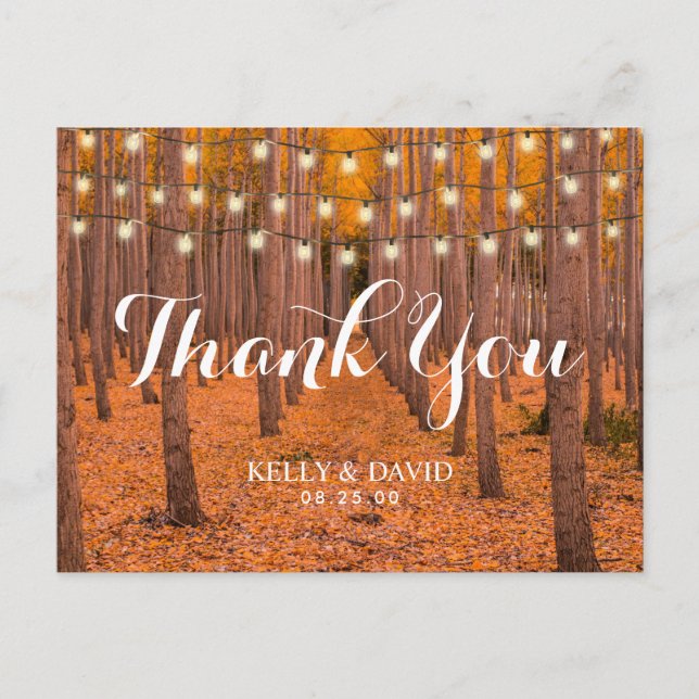 Rustic Autumn Woods Fall Wedding Thank You Postcard (Front)