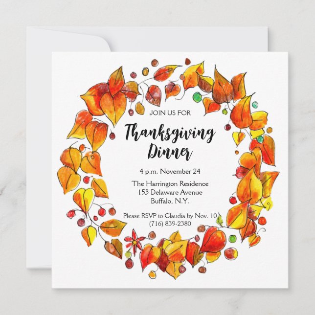Rustic Autumn Wreath Colorful Thanksgiving Dinner Invitation (Front)