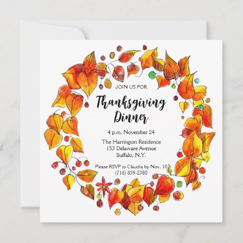 Rustic Autumn Wreath Colorful Thanksgiving Dinner Invitation