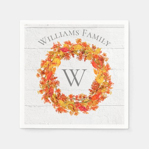 Rustic Autumn Wreath Custom Monogram Paper Napkin