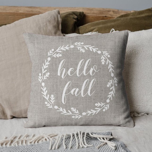 Rustic Autumn Wreath Hello Fall Throw Pillow (Creator Uploaded)