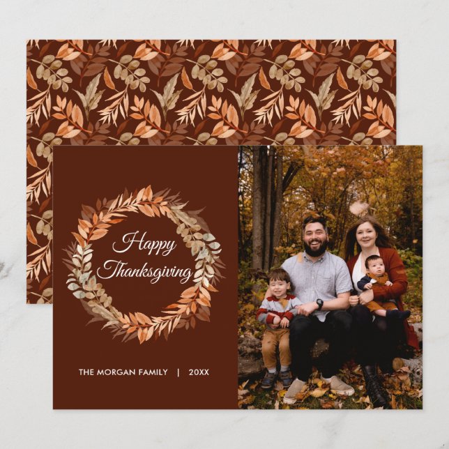 Rustic Autumn Wreath Leaves Thanksgiving Photo Holiday Card (Front/Back)