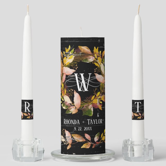 Rustic Autumn Wreath Monogram Black Wedding Unity  Candle Set (Front)
