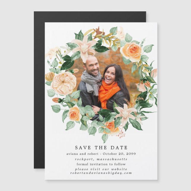 Rustic Autumn Wreath Photo Wedding Save The Date Magnetic Invitation (Front/Back)