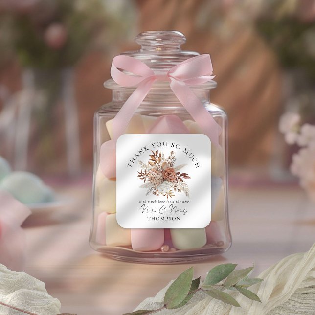 Rustic Autumnal Florals New Mr Mrs Thank You  Square Sticker (Rust Florals Thank you sticker for your favors! Part of the Terracotta Autumn Florals Collection)