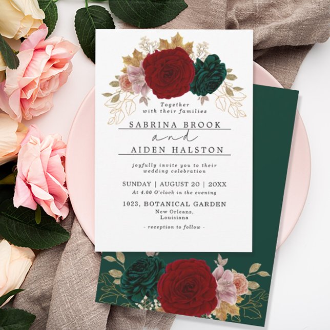Rustic Autumnal Gold Burgundy Emerald Greeny  Invitation (Creator Uploaded)