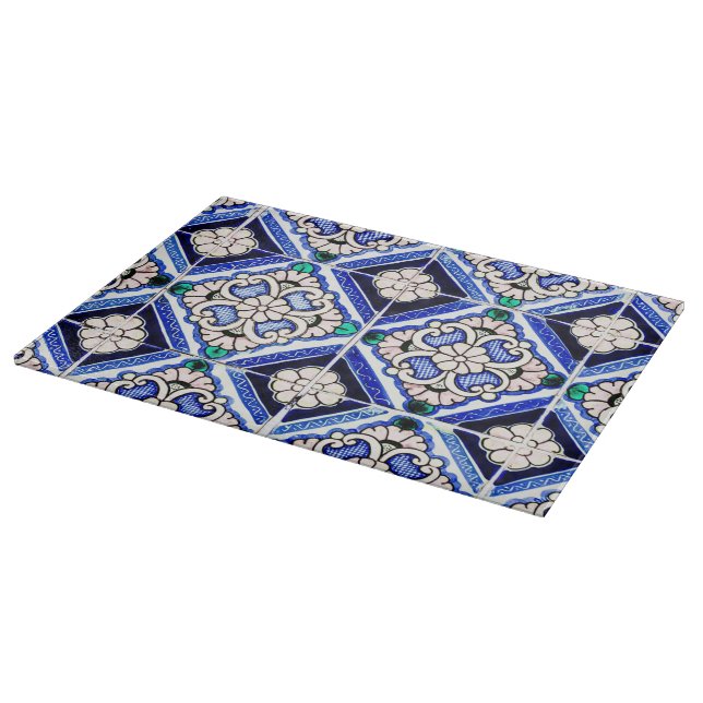 Rustic Azulejo Spanish Pattern Tiles Navy White Cutting Board (Corner)