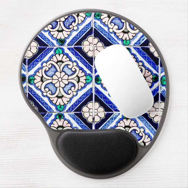 Rustic Azulejo Spanish Pattern Tiles Navy White Gel Mouse Pad (Left Side)