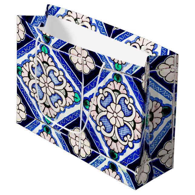 Rustic Azulejo Spanish Pattern Tiles Navy White Large Gift Bag (Front Angled)