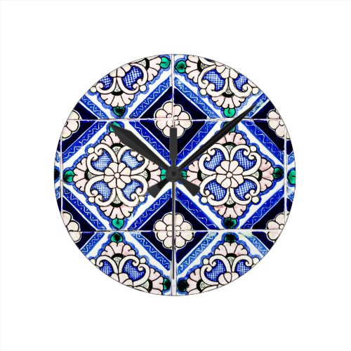 Rustic Azulejo Spanish Pattern Tiles Navy White Round Clock