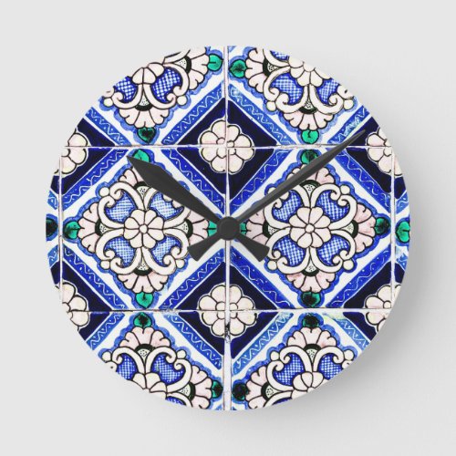Rustic Azulejo Spanish Pattern Tiles Navy White Round Clock