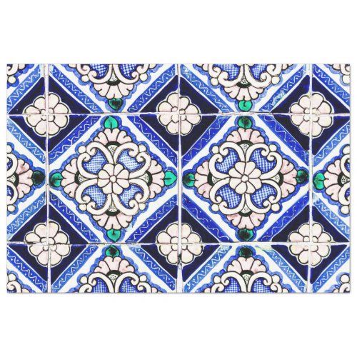 Rustic Azulejo Spanish Pattern Tiles Navy White Tissue Paper