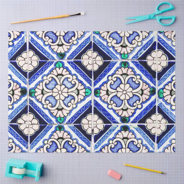 Rustic Azulejo Spanish Pattern Tiles Navy White Tissue Paper (Craft)