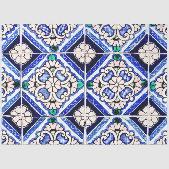 Rustic Azulejo Spanish Pattern Tiles Navy White Tissue Paper (Front)